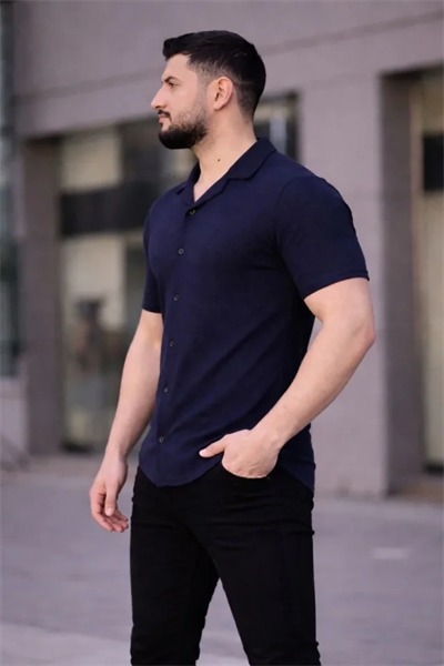 Erkek Waffle Kumaş Kısa Kollu Düğmeli Açık Yaka Regular Fit Gömlek - Lacivert