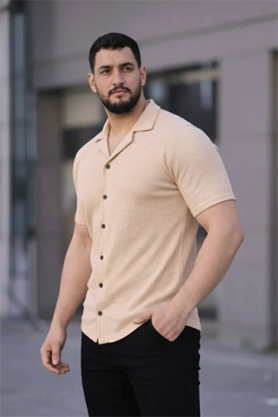 Erkek Waffle Kumaş Kısa Kollu Düğmeli Açık Yaka Regular Fit Gömlek - Bej