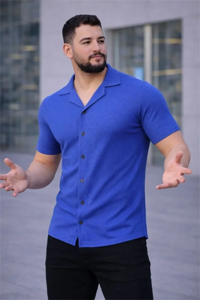 Erkek Waffle Kumaş Kısa Kollu Düğmeli Açık Yaka Regular Fit Gömlek - Saks Mavisi