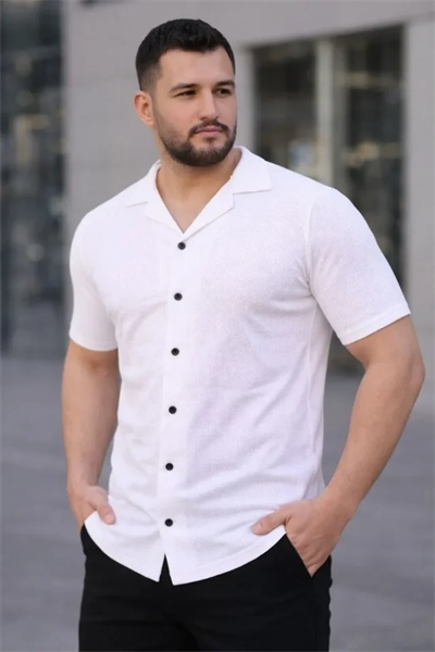 Erkek Waffle Kumaş Kısa Kollu Düğmeli Açık Yaka Regular Fit Gömlek - Beyaz