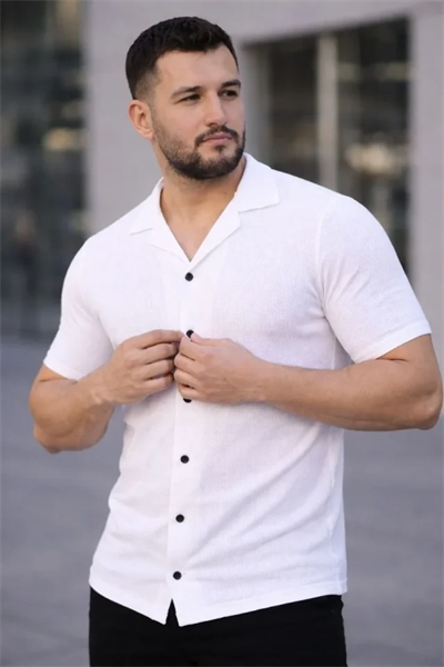 Erkek Waffle Kumaş Kısa Kollu Düğmeli Açık Yaka Regular Fit Gömlek - Beyaz