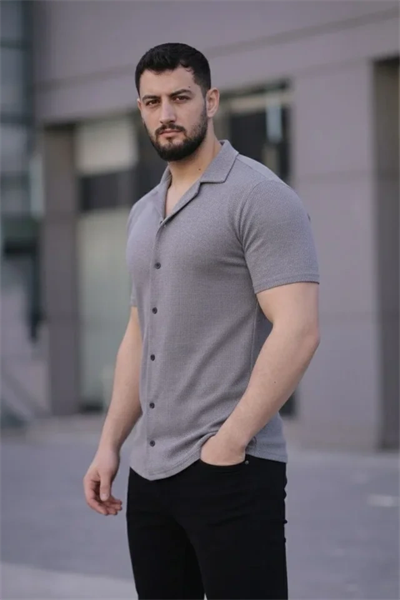 Erkek Waffle Kumaş Kısa Kollu Düğmeli Açık Yaka Regular Fit Gömlek - Gri
