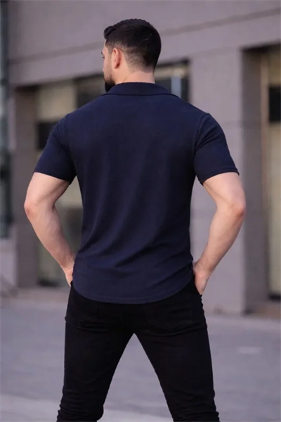 Erkek Waffle Kumaş Kısa Kollu Düğmeli Açık Yaka Regular Fit Gömlek - Lacivert