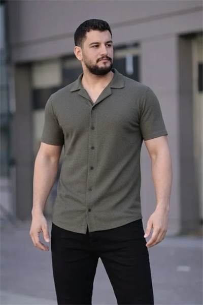 Erkek Waffle Kumaş Kısa Kollu Düğmeli Açık Yaka Regular Fit Gömlek - Haki