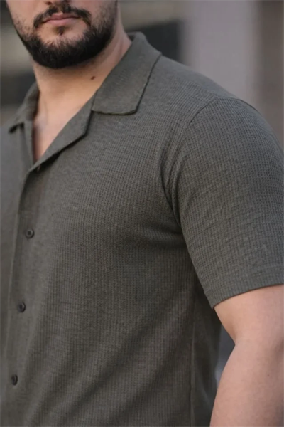 Erkek Waffle Kumaş Kısa Kollu Düğmeli Açık Yaka Regular Fit Gömlek - Haki