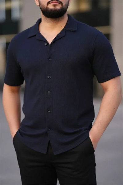 Erkek Waffle Kumaş Kısa Kollu Düğmeli Açık Yaka Regular Fit Gömlek - Lacivert