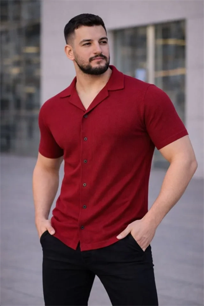 Erkek Waffle Kumaş Kısa Kollu Düğmeli Açık Yaka Regular Fit Gömlek - Kırmızı