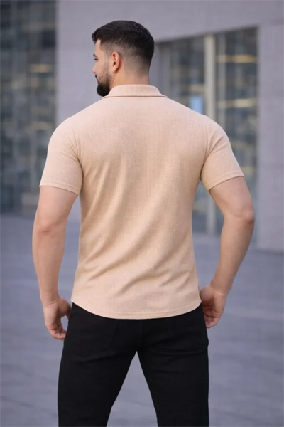 Erkek Waffle Kumaş Kısa Kollu Düğmeli Açık Yaka Regular Fit Gömlek - Bej