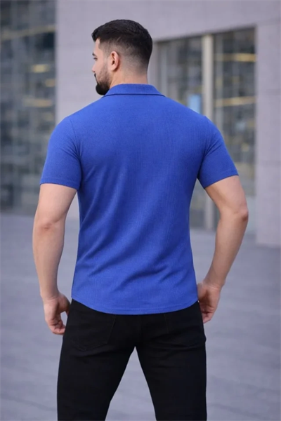 Erkek Waffle Kumaş Kısa Kollu Düğmeli Açık Yaka Regular Fit Gömlek - Saks Mavisi