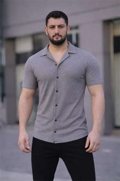 Erkek Waffle Kumaş Kısa Kollu Düğmeli Açık Yaka Regular Fit Gömlek - Gri