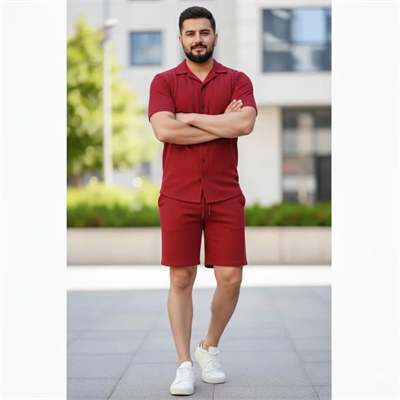 Erkek Waffle Kumaş Kısa Kollu Gömlek Şort Takım Regular Fit Yazlık İkili Set - Bordo