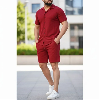 Erkek Waffle Kumaş Kısa Kollu Gömlek Şort Takım Regular Fit Yazlık İkili Set - Bordo