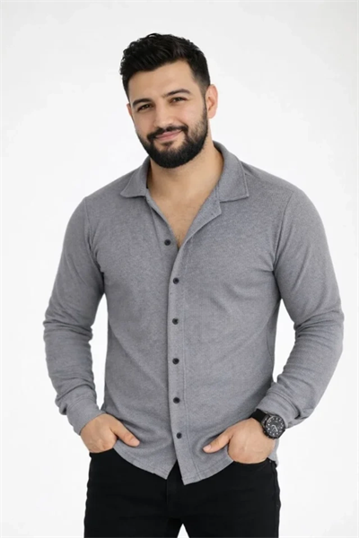 Erkek Waffle Kumaş Uzun Kollu Düğmeli Açık Yaka Regular Fit Gömlek - Füme