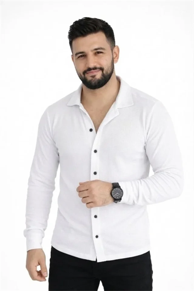 Erkek Waffle Kumaş Uzun Kollu Düğmeli Açık Yaka Regular Fit Gömlek - Beyaz
