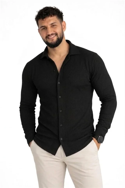 Erkek Waffle Kumaş Uzun Kollu Düğmeli Açık Yaka Regular Fit Gömlek - Siyah