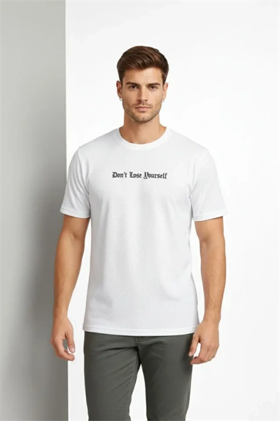 Erkek Wafıl Kumaş Tişört Regular Kalıp Bisiklet Yaka Baskılı Günlük Basic T-Shirt - Beyaz