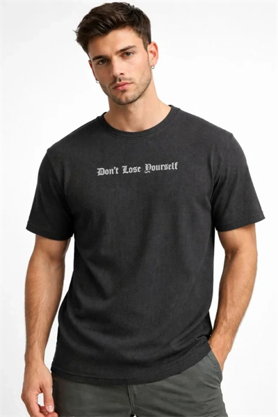 Erkek Wafıl Kumaş Tişört Regular Kalıp Bisiklet Yaka Baskılı Günlük Basic T-Shirt - Siyah