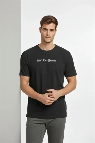 Erkek Wafıl Kumaş Tişört Regular Kalıp Bisiklet Yaka Baskılı Günlük Basic T-Shirt - Siyah