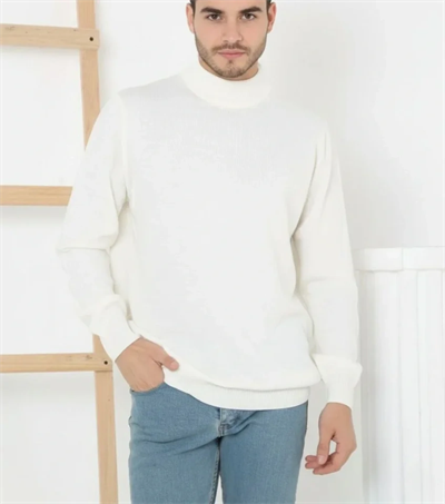 Erkek Yarım Boğaz Triko Kazak Yumuşak Dokulu Pamuklu Ince Dokuma, Uzun Kollu Rahat Regular Kalıp - Beyaz