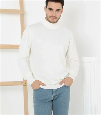 Erkek Yarım Boğaz Triko Kazak Yumuşak Dokulu Pamuklu Ince Dokuma, Uzun Kollu Rahat Regular Kalıp - Beyaz