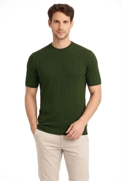 Erkek Yazlık Fitilli Triko Tişört Kısa Kol Bisiklet Yaka T-Shirt - Haki