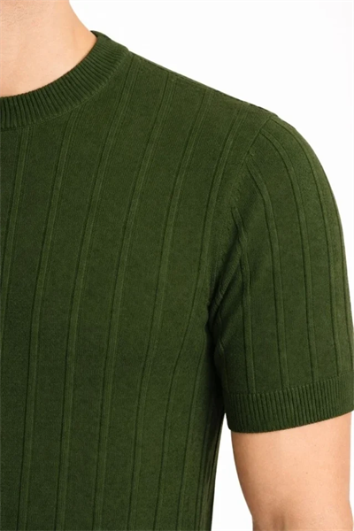Erkek Yazlık Fitilli Triko Tişört Kısa Kol Bisiklet Yaka T-Shirt - Haki