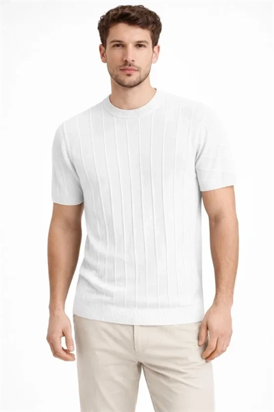 Erkek Yazlık Fitilli Triko Tişört Kısa Kol Bisiklet Yaka T-Shirt - Beyaz