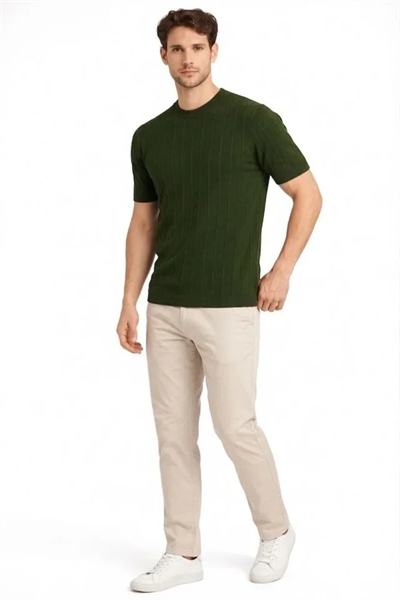 Erkek Yazlık Fitilli Triko Tişört Kısa Kol Bisiklet Yaka T-Shirt - Haki