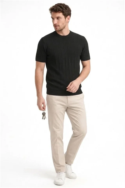 Erkek Yazlık Fitilli Triko Tişört Kısa Kol Bisiklet Yaka T-Shirt - Siyah