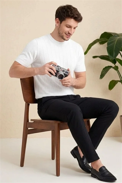 Erkek Yazlık Fitilli Triko Tişört Kısa Kol Bisiklet Yaka T-Shirt - Beyaz