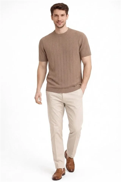 Erkek Yazlık Fitilli Triko Tişört Kısa Kol Bisiklet Yaka T-Shirt - Kahverengi