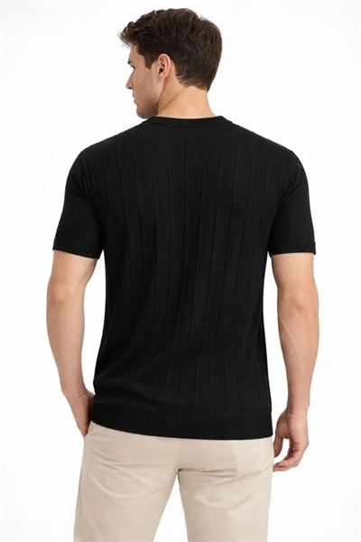 Erkek Yazlık Fitilli Triko Tişört Kısa Kol Bisiklet Yaka T-Shirt - Siyah