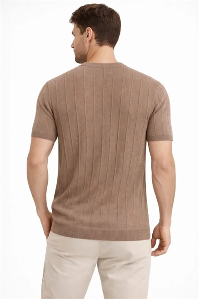 Erkek Yazlık Fitilli Triko Tişört Kısa Kol Bisiklet Yaka T-Shirt - Kahverengi