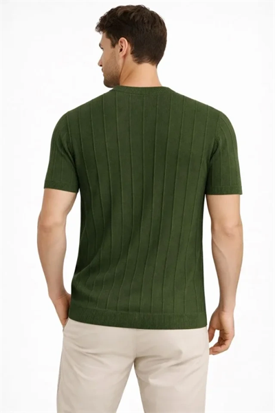Erkek Yazlık Fitilli Triko Tişört Kısa Kol Bisiklet Yaka T-Shirt - Haki