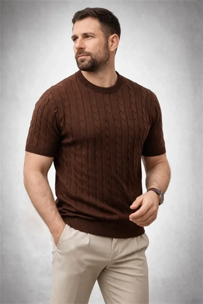 Erkek Yazlık Triko Dokuma Tişört Kısa Kol Bisiklet Yaka Örgü Desenli T-Shirt - Kahverengi