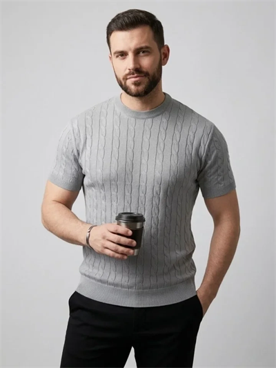 Erkek Yazlık Triko Dokuma Tişört Kısa Kol Bisiklet Yaka Örgü Desenli T-Shirt - Gri