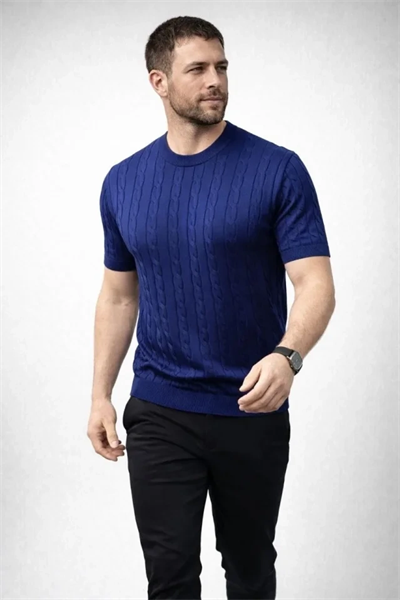Erkek Yazlık Triko Dokuma Tişört Kısa Kol Bisiklet Yaka Örgü Desenli T-Shirt - Lacivert