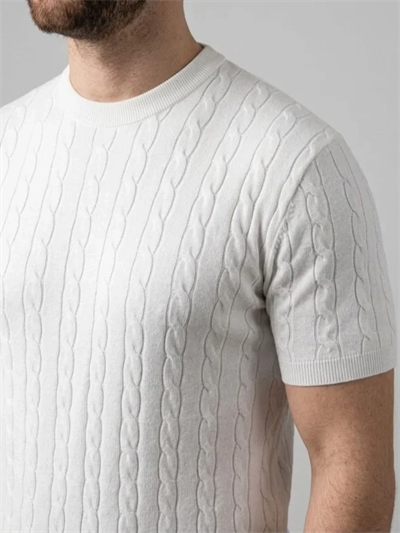 Erkek Yazlık Triko Dokuma Tişört Kısa Kol Bisiklet Yaka Örgü Desenli T-Shirt - Beyaz