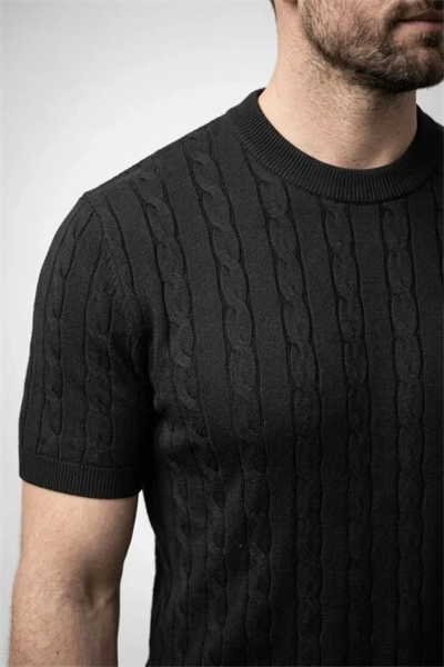 Erkek Yazlık Triko Dokuma Tişört Kısa Kol Bisiklet Yaka Örgü Desenli T-Shirt - Siyah