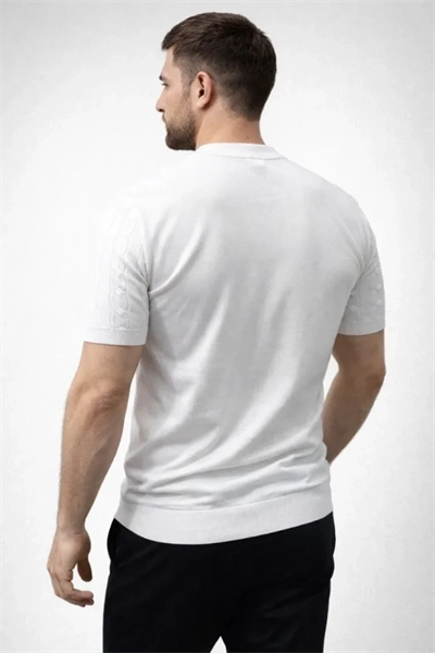 Erkek Yazlık Triko Dokuma Tişört Kısa Kol Bisiklet Yaka Örgü Desenli T-Shirt - Beyaz