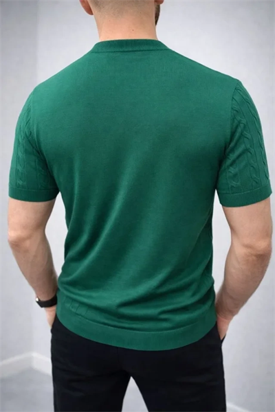 Erkek Yazlık Triko Dokuma Tişört Kısa Kol Bisiklet Yaka Örgü Desenli T-Shirt - Haki