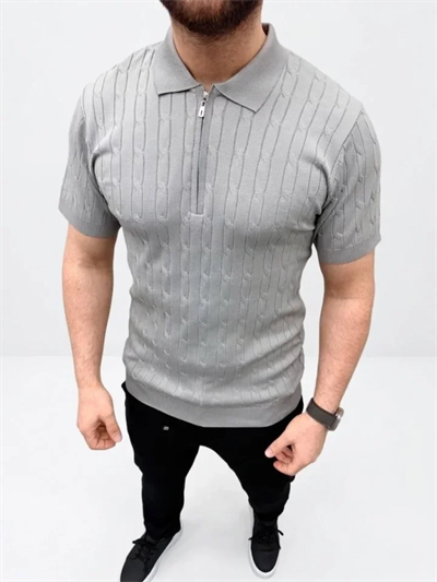 Erkek Yazlık Triko Saç Örgü Tişört Kısa Kol Polo Yaka Fermuarlı T-Shirt - Gri