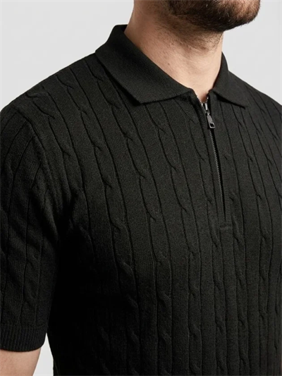 Erkek Yazlık Triko Saç Örgü Tişört Kısa Kol Polo Yaka Fermuarlı T-Shirt - Siyah