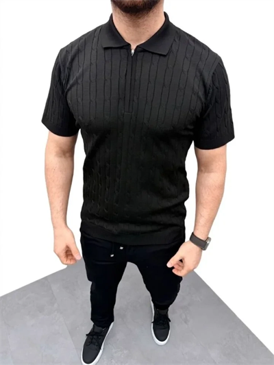 Erkek Yazlık Triko Saç Örgü Tişört Kısa Kol Polo Yaka Fermuarlı T-Shirt - Siyah
