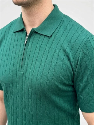Erkek Yazlık Triko Saç Örgü Tişört Kısa Kol Polo Yaka Fermuarlı T-Shirt - Haki