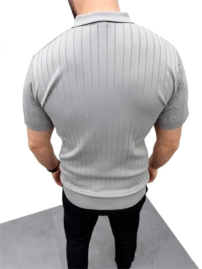 Erkek Yazlık Triko Saç Örgü Tişört Kısa Kol Polo Yaka Fermuarlı T-Shirt - Gri