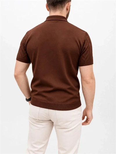 Erkek Yazlık Triko Tişört Kısa Kol Polo Yaka Düğmeli T-Shirt - Kahverengi