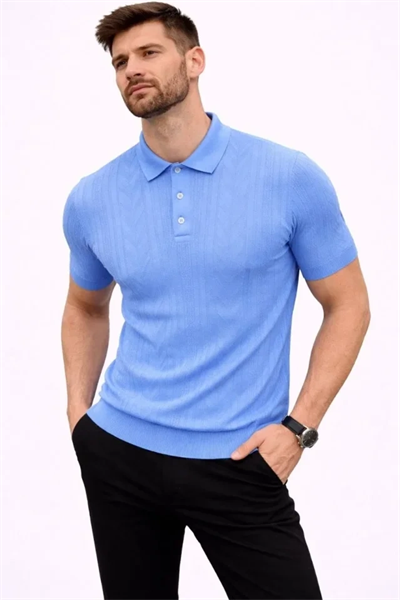 Erkek Yazlık Triko Tişört Kısa Kol Polo Yaka Düğmeli T-Shirt - Bebek Mavisi
