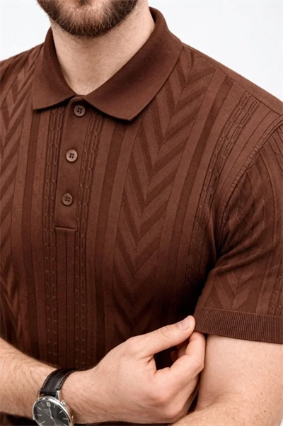 Erkek Yazlık Triko Tişört Kısa Kol Polo Yaka Düğmeli T-Shirt - Kahverengi