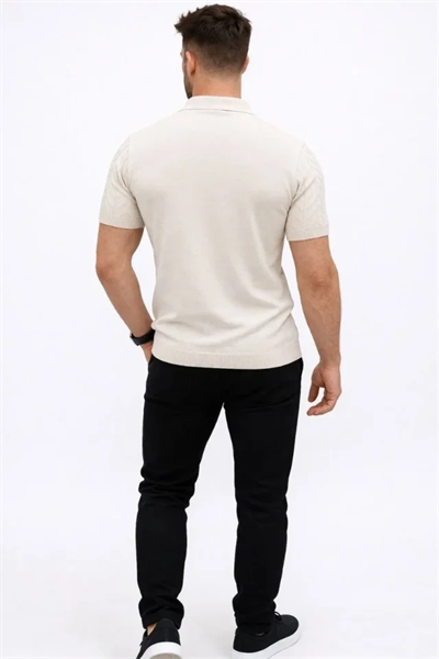 Erkek Yazlık Triko Tişört Kısa Kol Polo Yaka Düğmeli T-Shirt - Krem